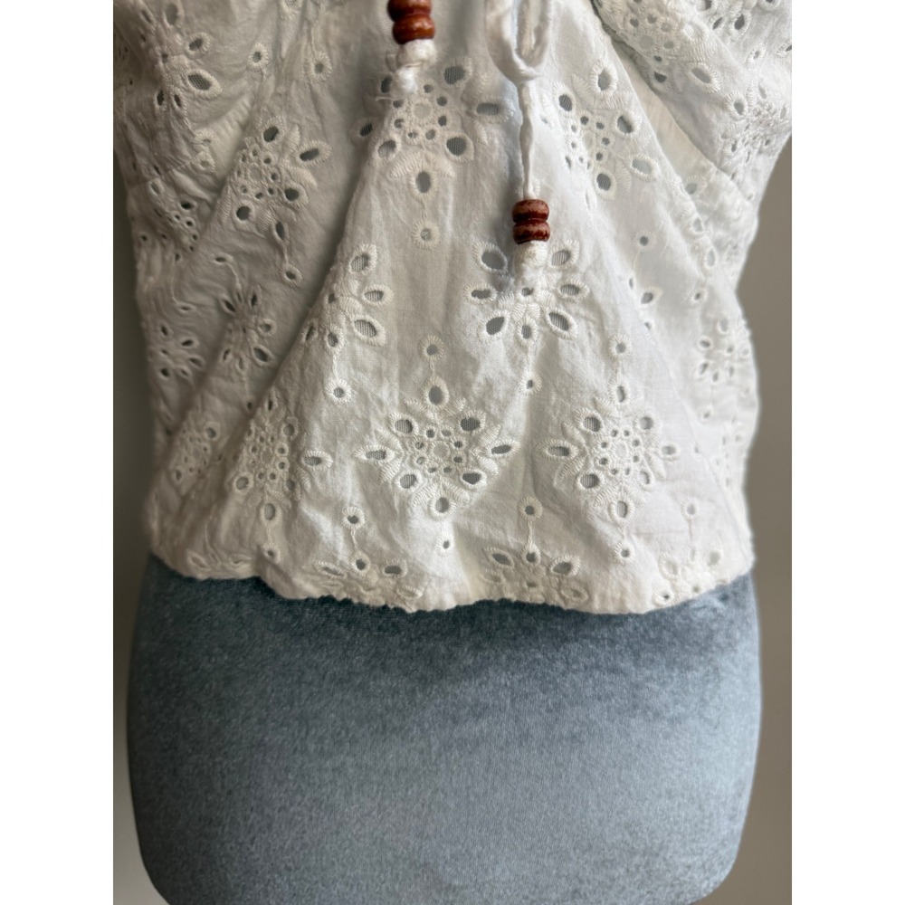 White Eyelet Lace Tie Front Crop Top Smocked Back Boho milkmaid Regencycore - Picture 6 of 12